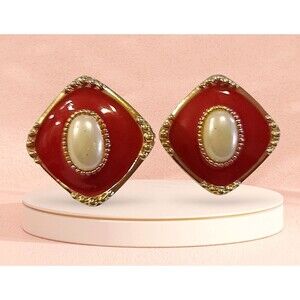 Vintage 80s Gold Tone Red Enamel Cabochon Faux Pearl Stud Earrings